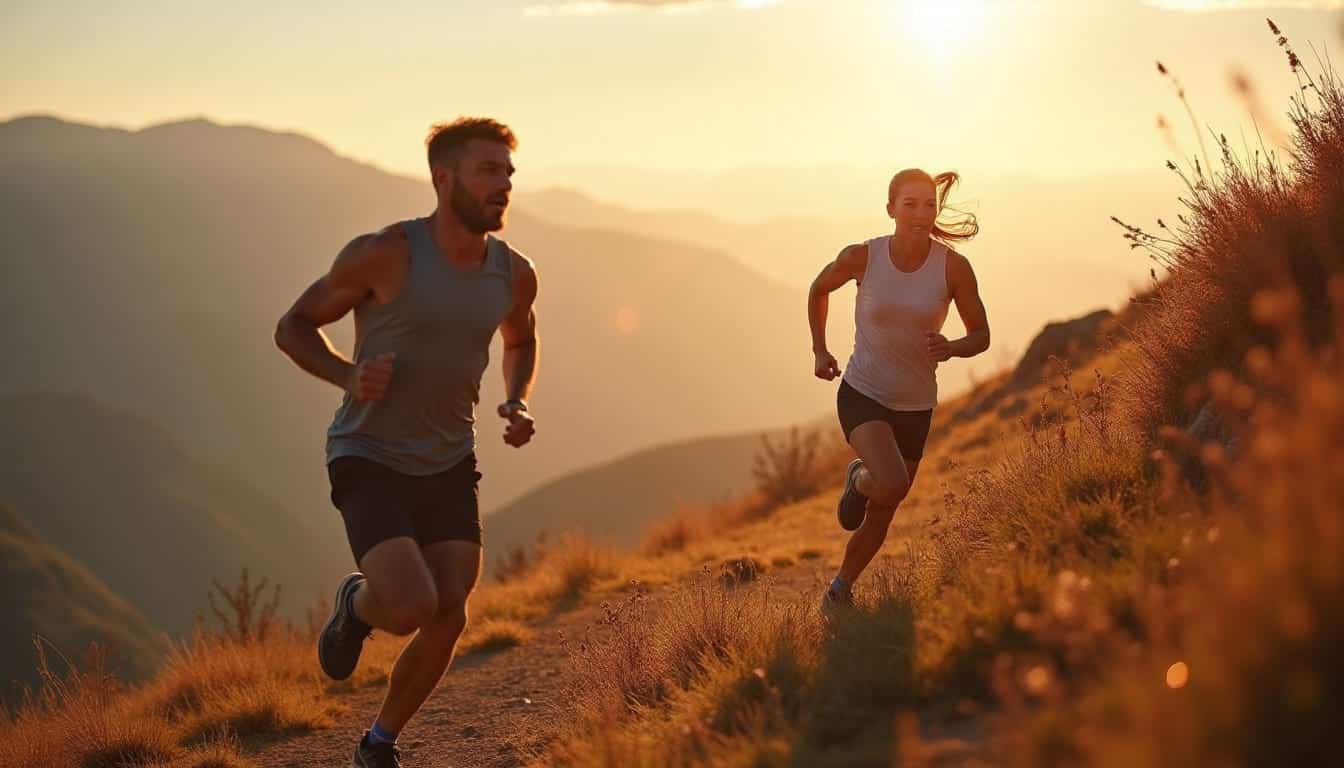 Deux athlètes, un homme et une femme, courent sur un sentier de montagne au lever du soleil, symbolisant énergie, vitalité et performance naturelle