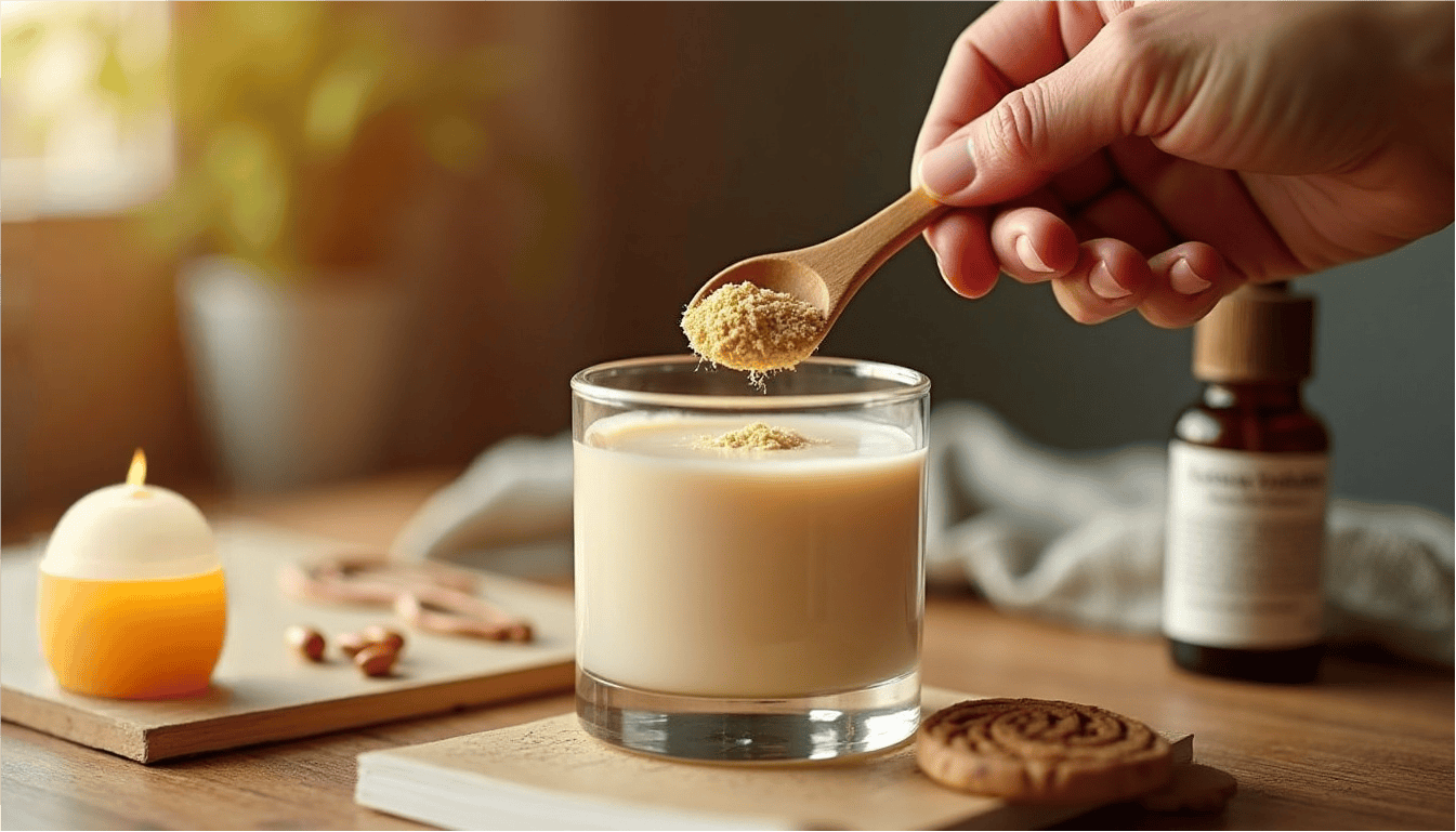 ChatGPT a dit :
Texte alternatif (alt text) :
Une main saupoudrant de la poudre d’Ashwagandha dans un verre de lait végétal à l’aide d’une cuillère en bois, posée sur une table avec une bougie, des gélules et un flacon brun en arrière-plan.