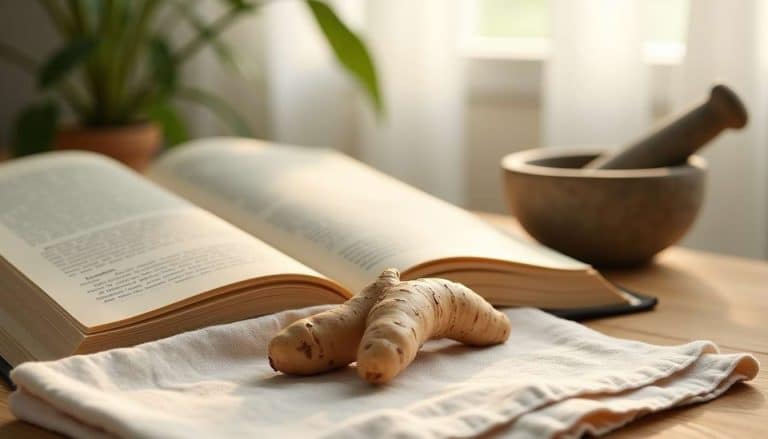 Racines d'ashwagandha posées sur un tissu en lin, devant un livre ancien ouvert et un mortier en pierre, dans une lumière naturelle douce.