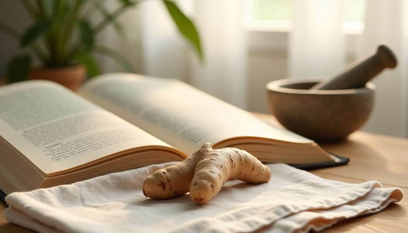 Racines d'ashwagandha posées sur un tissu en lin, devant un livre ancien ouvert et un mortier en pierre, dans une lumière naturelle douce.