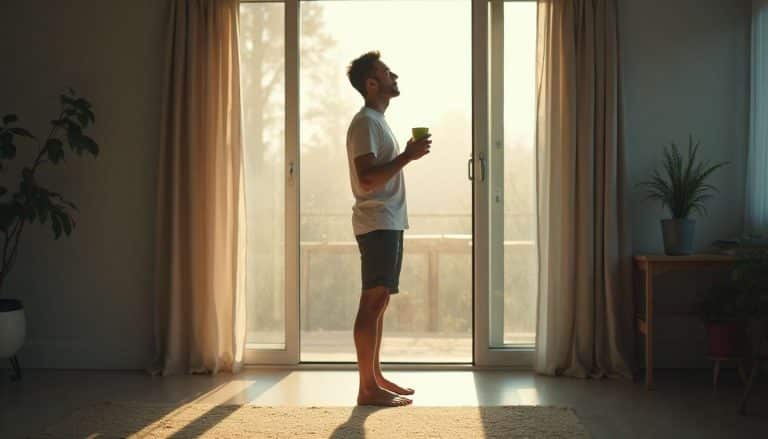 Homme debout au lever du soleil, tenant une tasse, baigné par la lumière naturelle devant une grande baie vitrée.