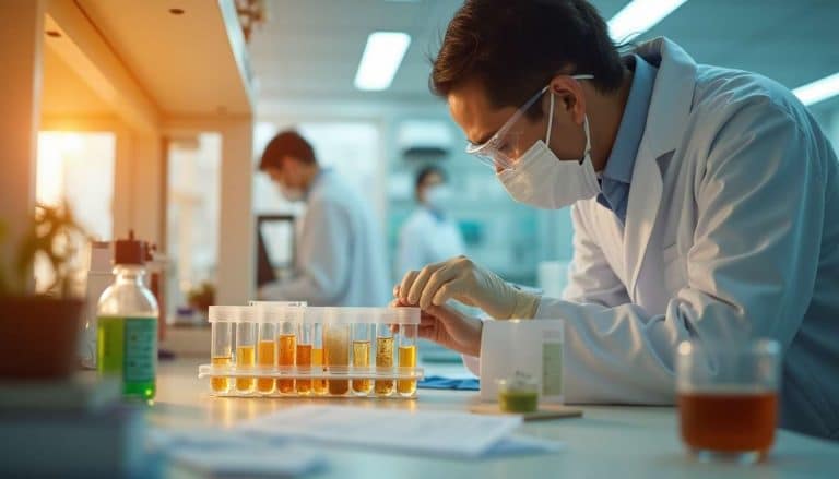 Scientifique en blouse blanche analysant des extraits végétaux dans des tubes à essai dans un laboratoire moderne, éclairé par une lumière naturelle en fin de journée.