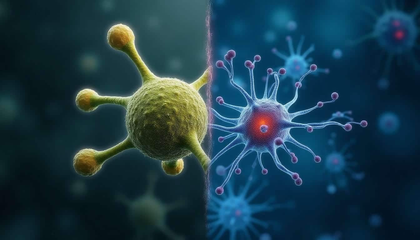 Illustration scientifique montrant une molécule de cortisol à gauche et un neurone activé à droite, représentant les mécanismes d'action de l'ashwagandha et de la rhodiola.