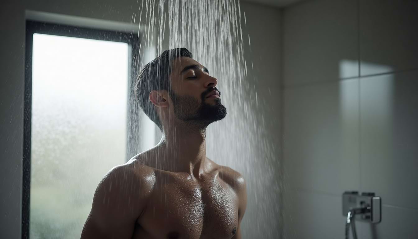 Homme debout sous une douche froide, les yeux fermés, l’eau coulant sur son visage et son torse