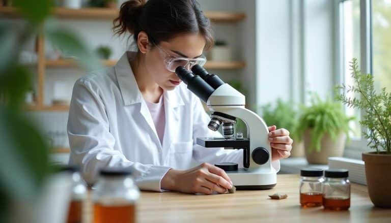 Scientifique examinant un échantillon de plante au microscope dans un laboratoire lumineux entouré de flacons d'extraits et de plantes en pot.