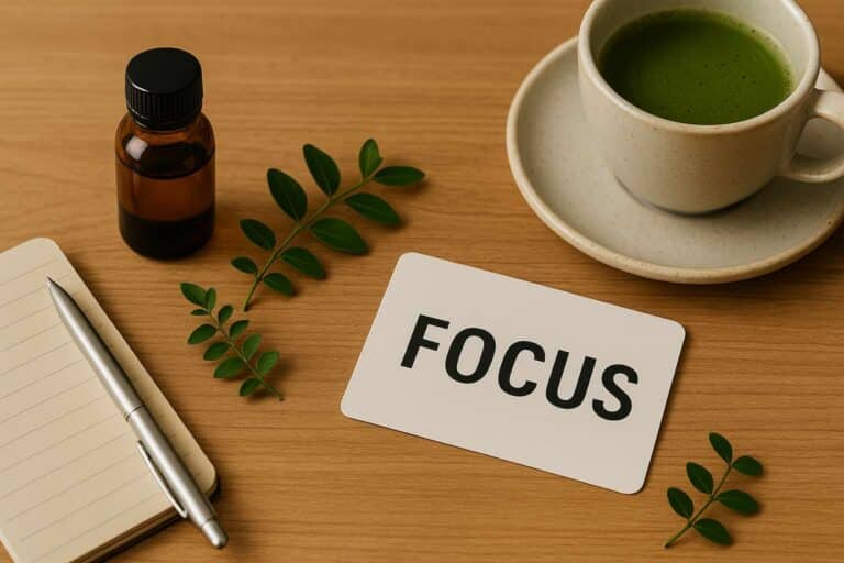 Vue en plongée d’une table en bois avec une tasse de thé vert, un flacon en verre ambré, un carnet, un stylo et une carte avec le mot "FOCUS"