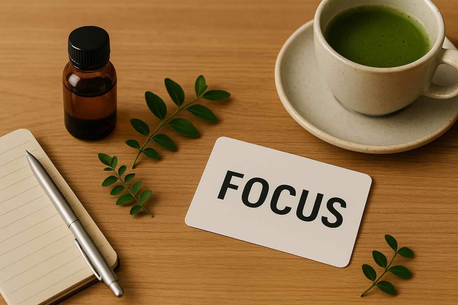 Vue en plongée d’une table en bois avec une tasse de thé vert, un flacon en verre ambré, un carnet, un stylo et une carte avec le mot "FOCUS"