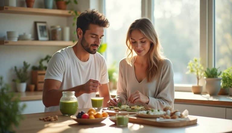 Un homme et une femme prennent un petit-déjeuner sain dans une cuisine baignée de lumière naturelle, avec des smoothies verts, des fruits frais et des tartines aux herbes.