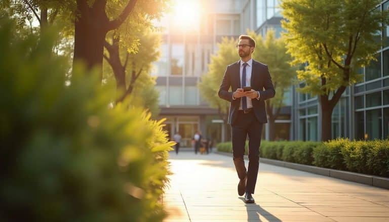 Un homme en costume marche paisiblement dans une allée arborée, baignée par la lumière dorée du soleil de l’après-midi, tenant un smartphone en main.