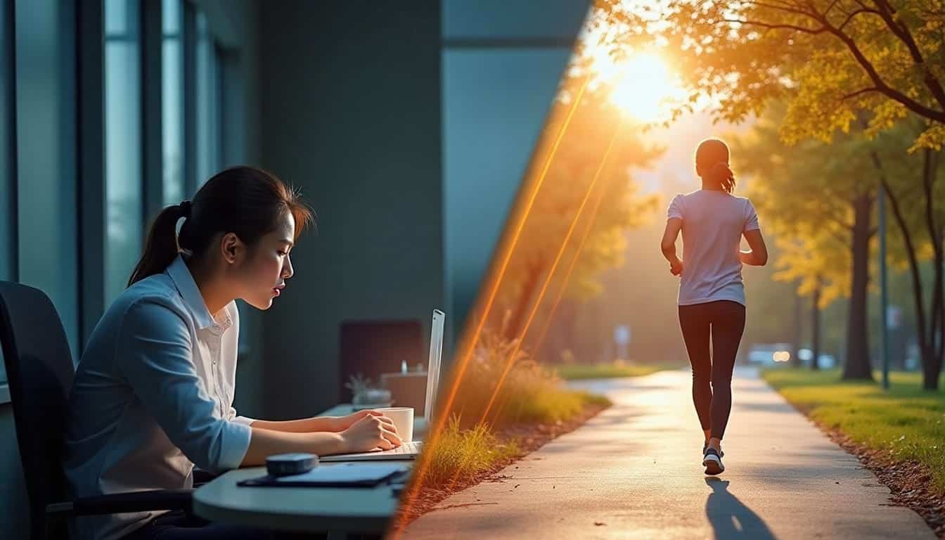 Image divisée en deux : à gauche, une femme concentrée devant son ordinateur dans un bureau sombre après le déjeuner ; à droite, la même femme marchant dans un parc baigné de lumière, énergique et détendue.