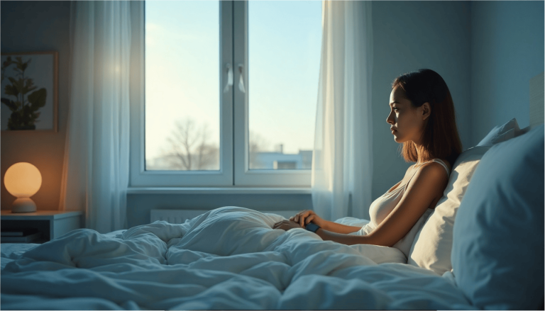 Femme assise dans son lit au petit matin, éclairée par une douce lumière bleue naturelle provenant de la fenêtre.