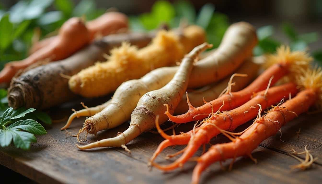 Racines fraîches d'adaptogènes comme le ginseng, la rhodiola et l'ashwagandha, disposées sur une table en bois dans un cadre naturel.
