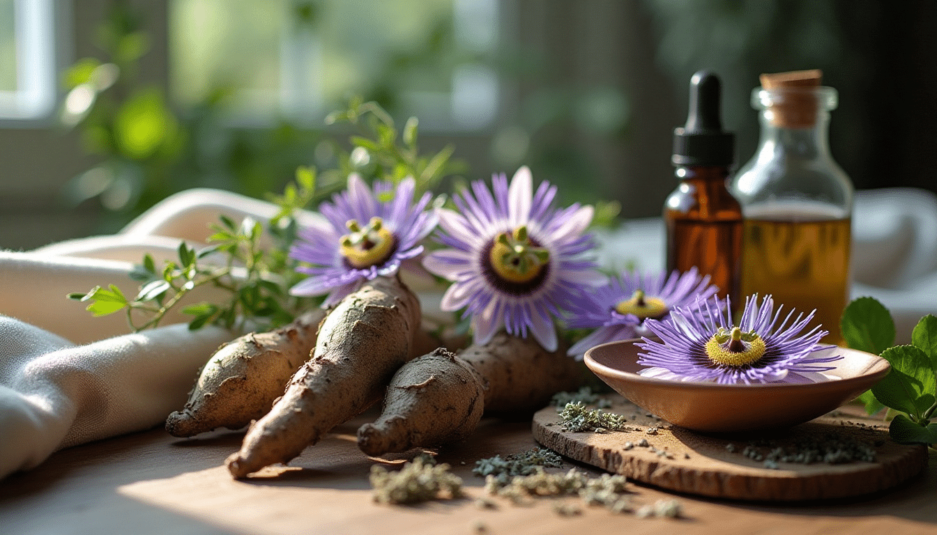 Valerian Racines de valériane et fleurs de passiflore fraîches avec flacons d'extraits sur une table en bois, ambiance naturelle et lumineuse.