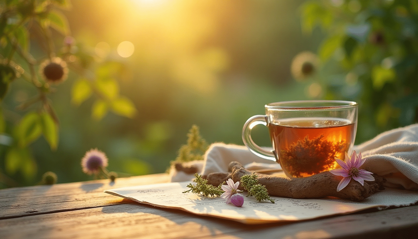 Tasse d'infusion aux plantes avec valériane et passiflore sur table en bois au coucher du soleil, ambiance apaisante et naturelle.
