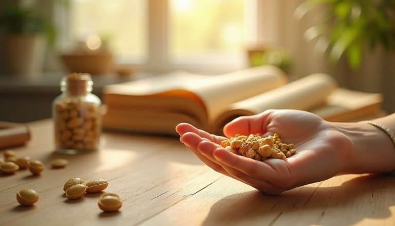 Main tenant des racines séchées d’Ashwagandha, posée sur une table en bois, avec un flacon de gélules à l’arrière-plan, dans une lumière douce de fin d’après-midi.
