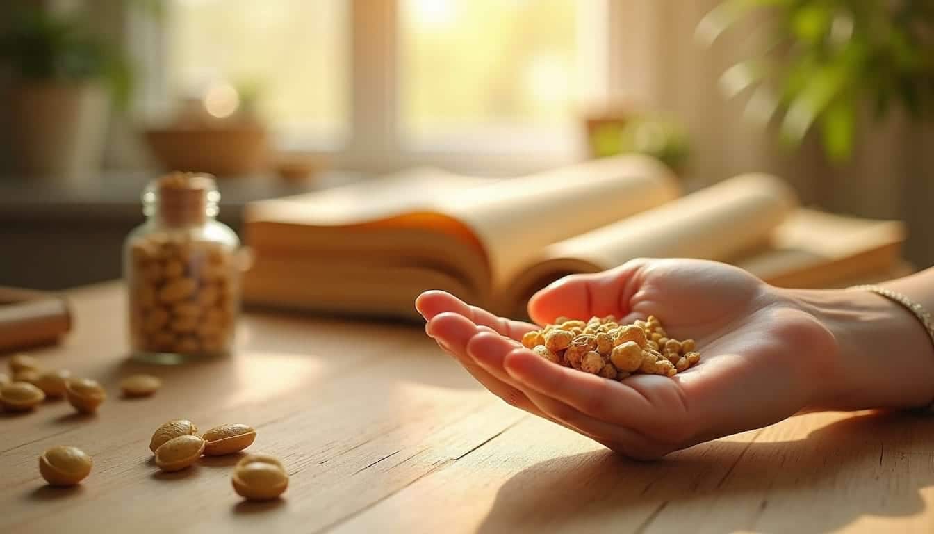 Main tenant des racines séchées d’Ashwagandha, posée sur une table en bois, avec un flacon de gélules à l’arrière-plan, dans une lumière douce de fin d’après-midi.