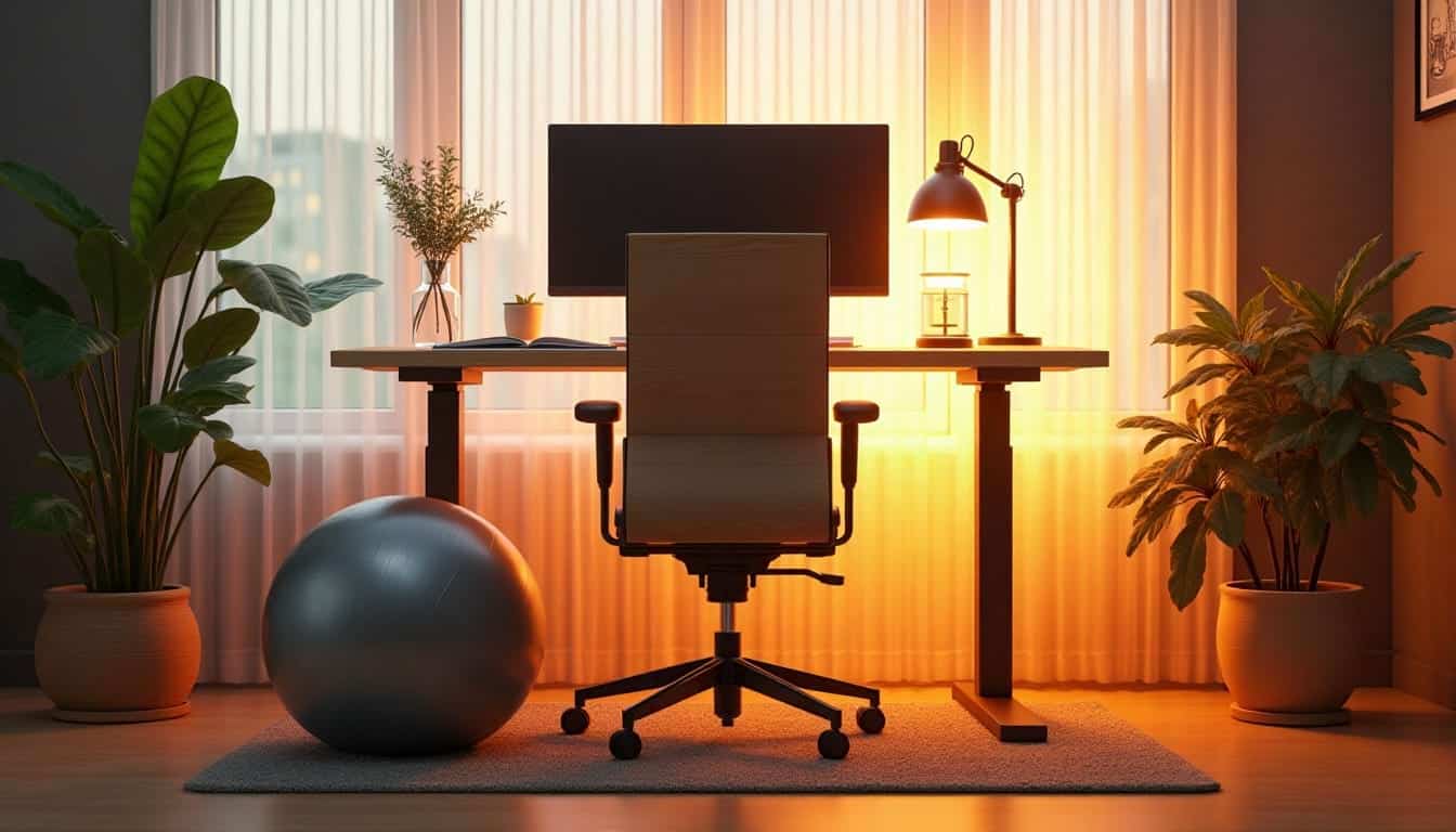 Bureau ergonomique avec ballon d’assise, chaise et plantes, baigné d’une lumière chaude en fin de journée.