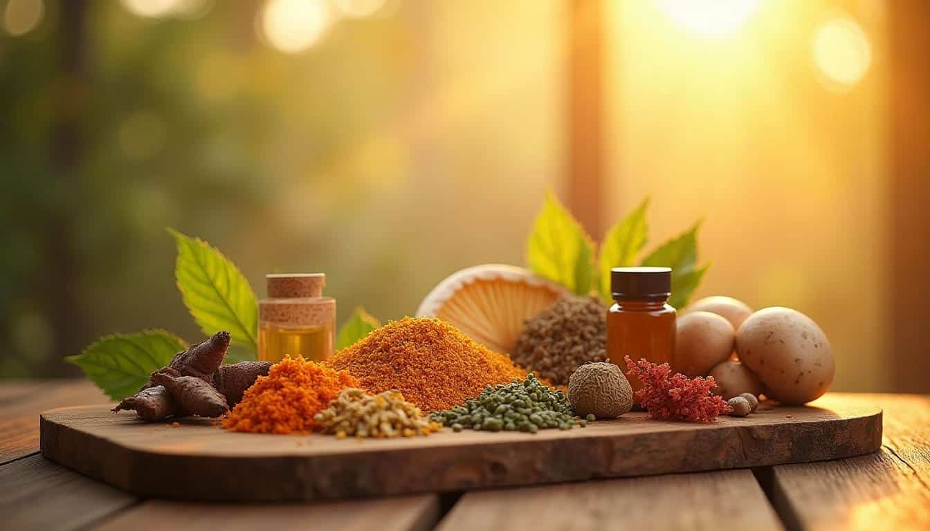 choix adaptogene Assortiment de poudres colorées, extraits végétaux, racines et champignons médicinaux sur une planche en bois, éclairés par une lumière dorée au coucher du soleil.