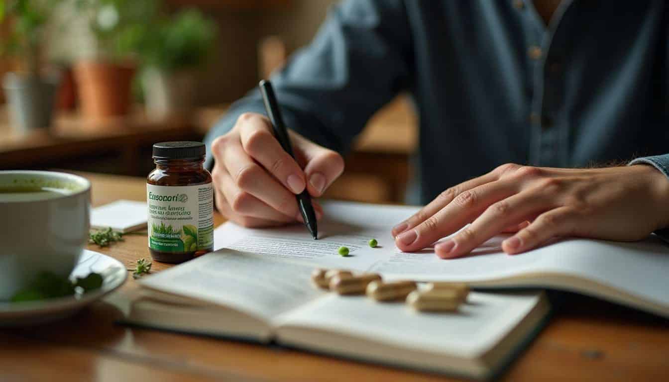 homme qui ecrit Main d'un homme écrivant sur un carnet, entouré d'un pot de compléments naturels pour la concentration, de capsules, et d'une tasse de thé vert sur une table en bois