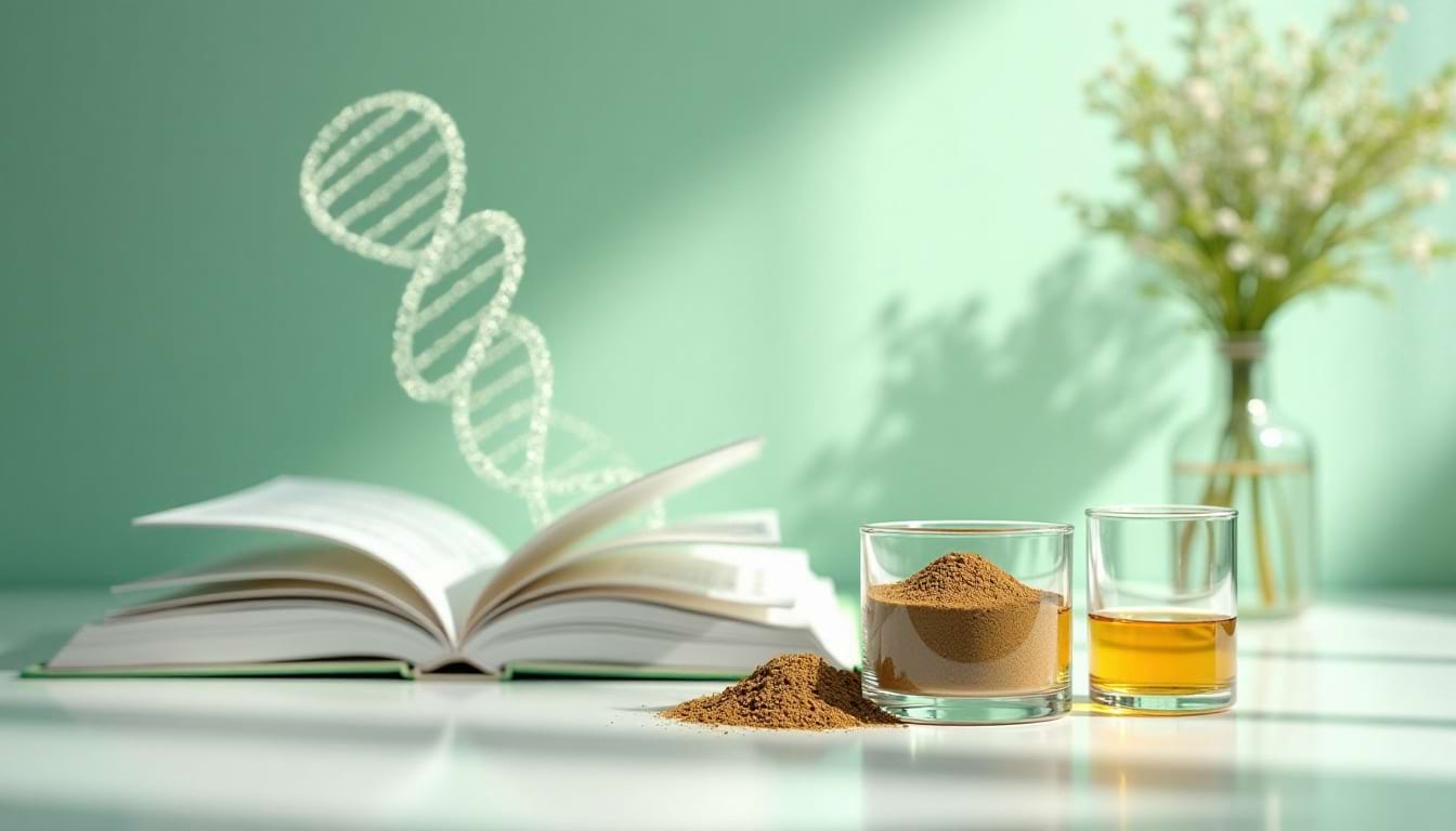 Livre ouvert, poudre végétale et extrait liquide sur une table blanche, avec une hélice ADN holographique flottante en arrière-plan et un bouquet de fleurs flou