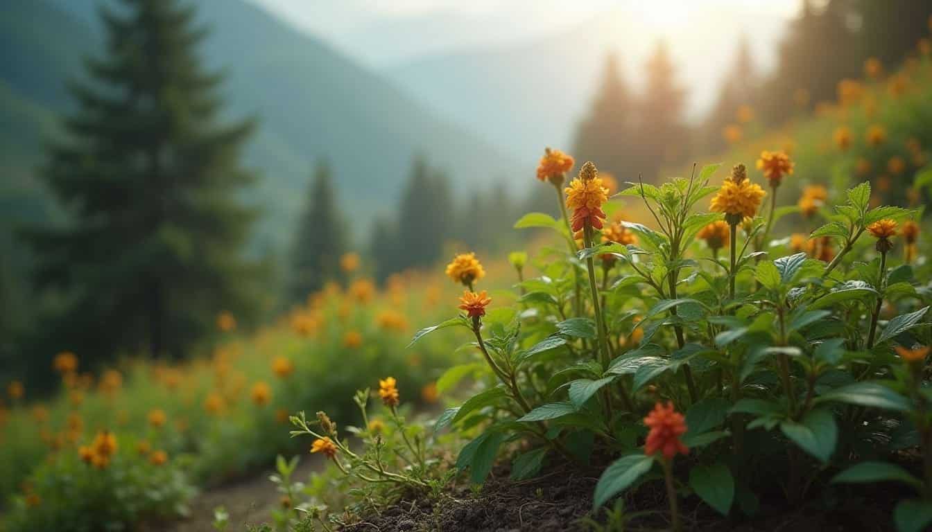 image plante Champ ensoleillé de plantes médicinales à fleurs orange au pied de montagnes verdoyantes et de sapins.