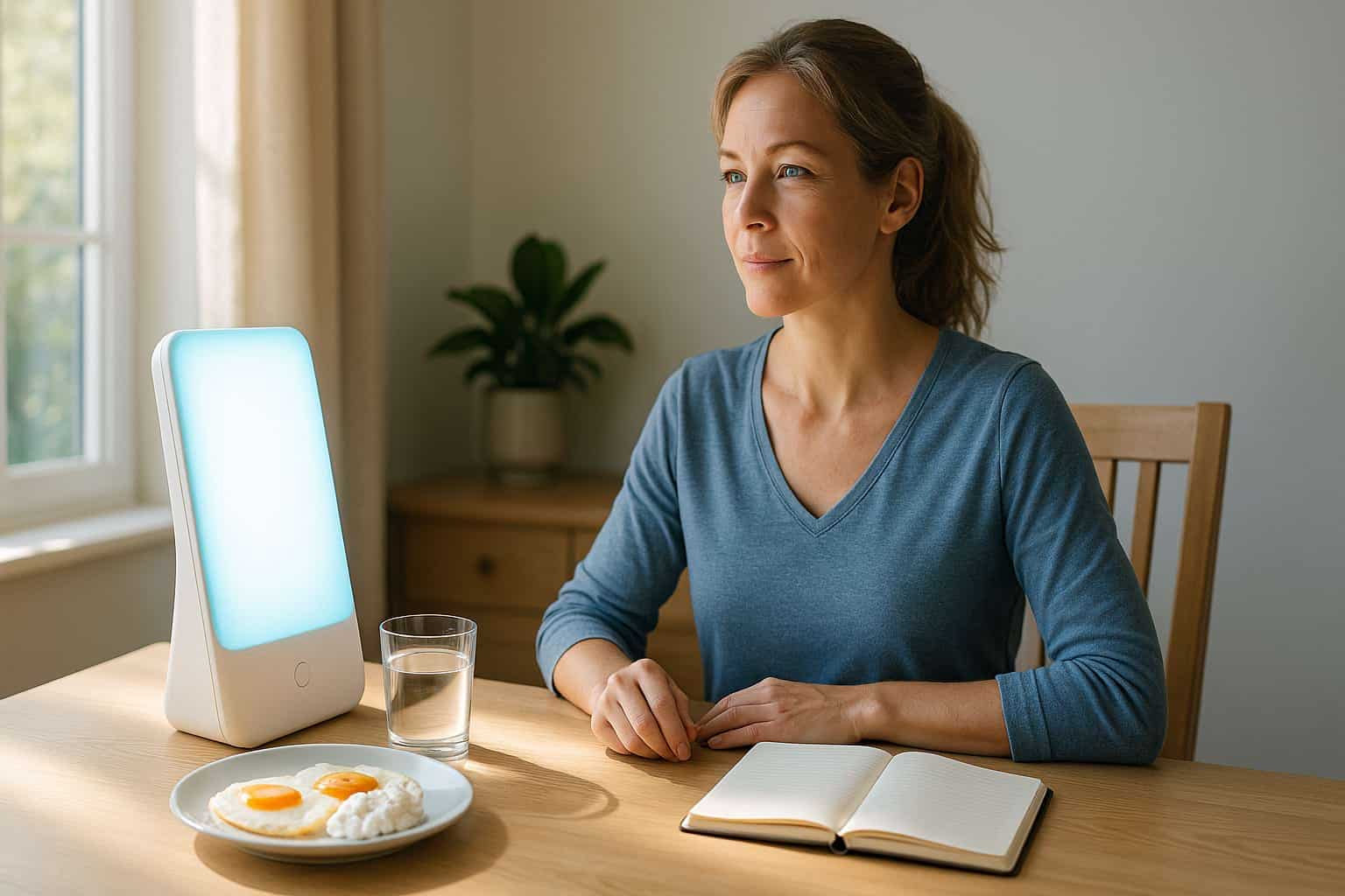 Femme assise à une table de cuisine, exposée à une lampe de luminothérapie émettant une lumière bleue, lors d’une routine matinale.