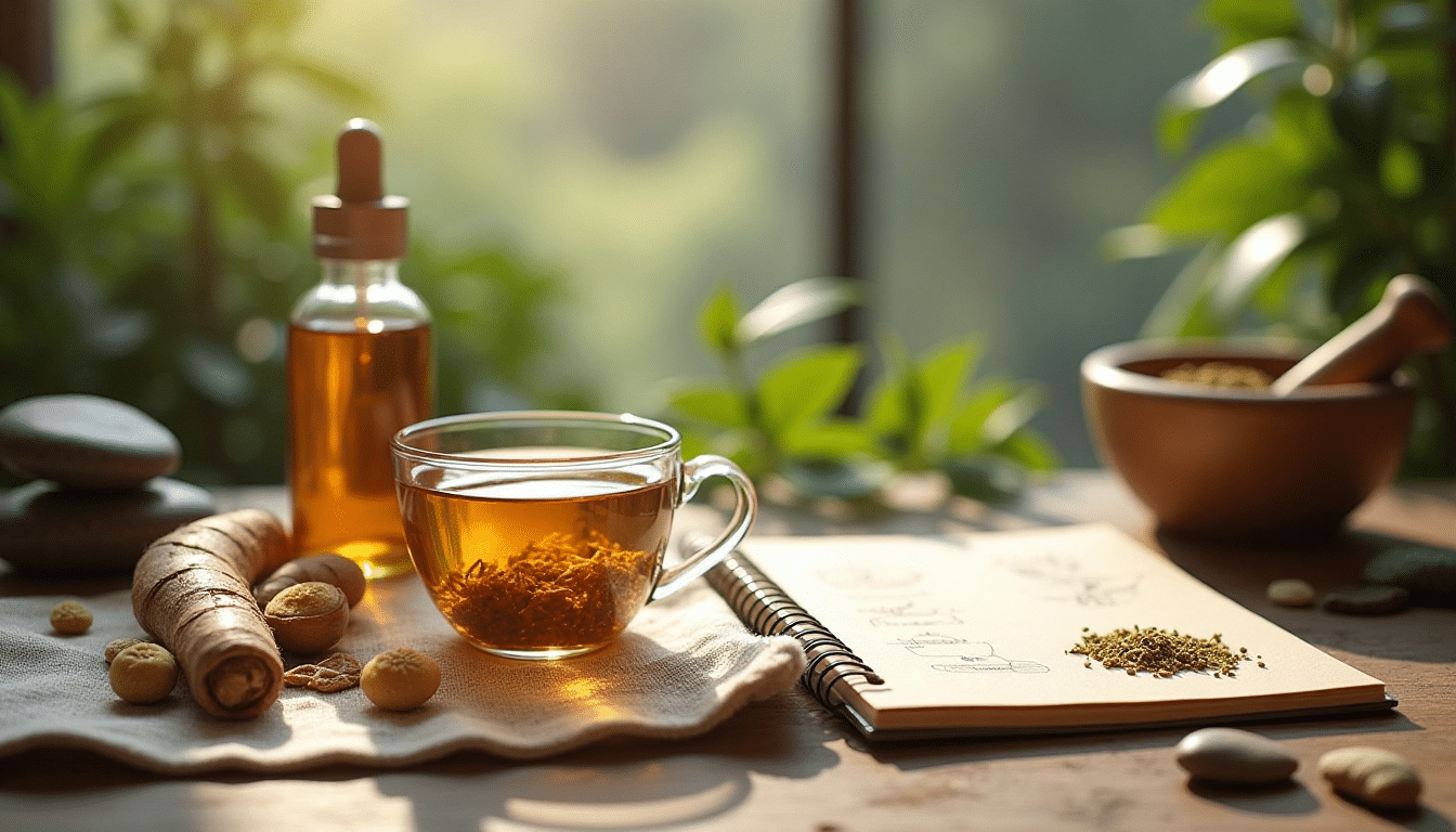 Tasse de tisane aux plantes médicinales sur une table en bois, avec flacon d’extrait, racines, carnet et mortier en arrière-plan.