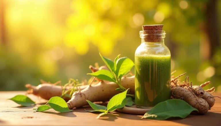Bouteille de complément nootropique naturel entourée de racines de ginseng et de feuilles vertes sur une table en bois, éclairée par une douce lumière naturelle