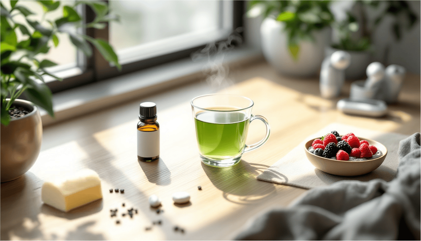 petit dej sans cafe Tasse de thé vert fumant posée sur une table en bois, accompagnée d’un bol de fruits rouges, d’une fiole d’huile essentielle et de quelques compléments, dans un intérieur lumineux avec des plantes.