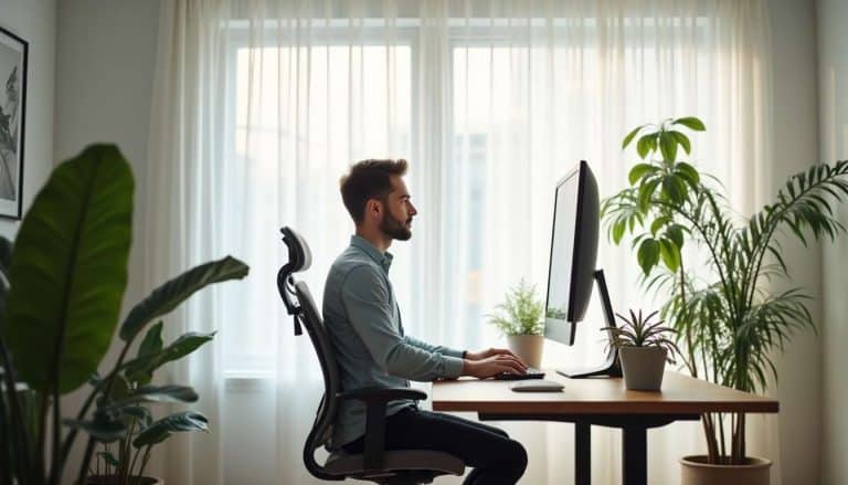 Homme en télétravail assis droit devant un grand écran dans un bureau lumineux et végétalisé.