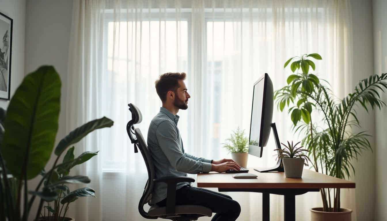 Homme en télétravail assis droit devant un grand écran dans un bureau lumineux et végétalisé.