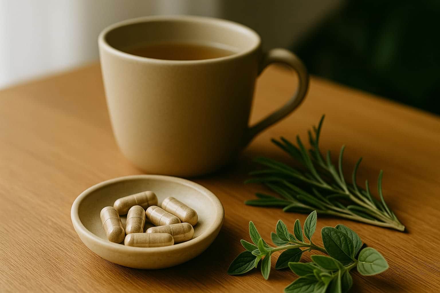 A propos 2 Tasse de thé aux plantes, gélules naturelles dans une coupelle et brins de romarin et d’origan sur une table en bois.