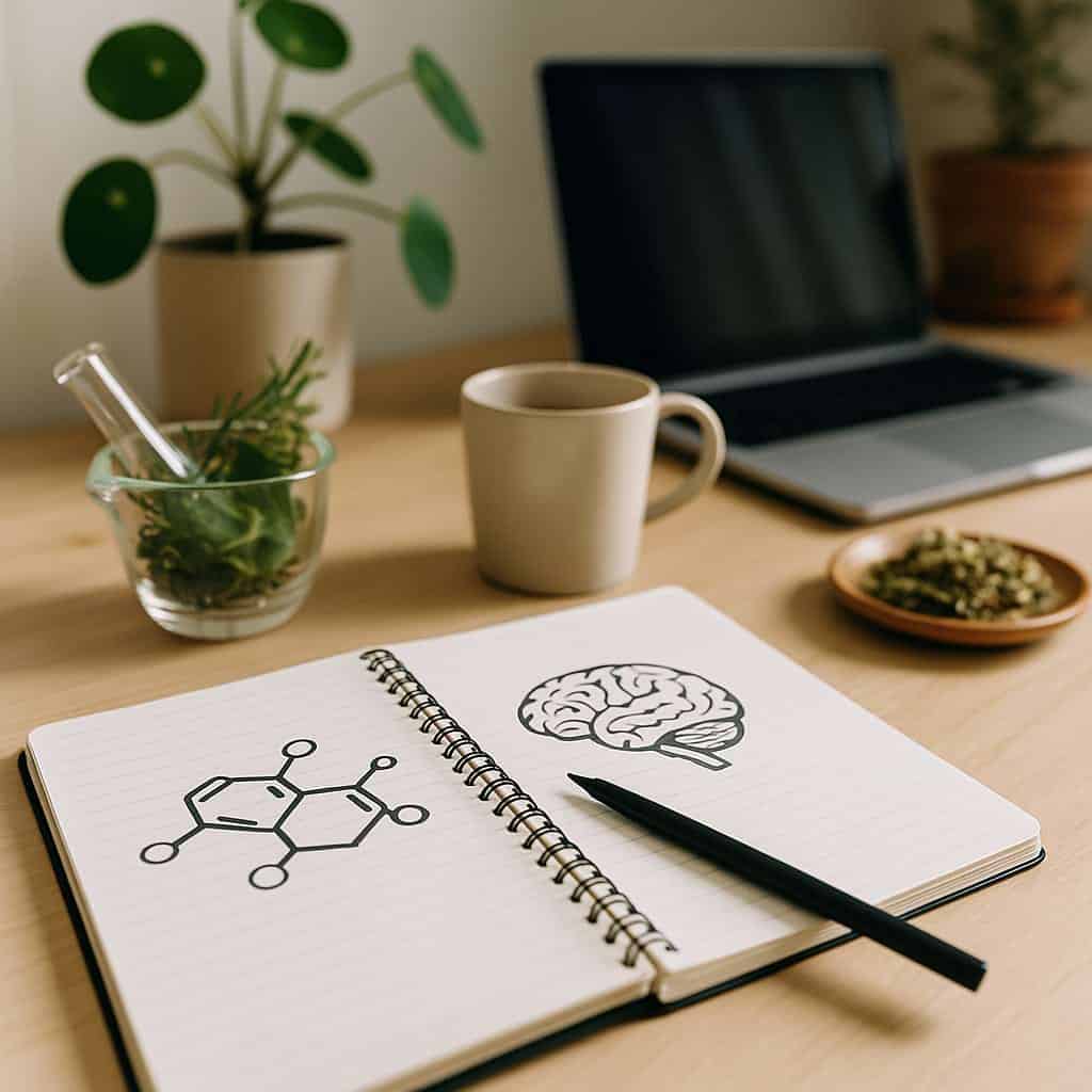 image 1 a propos Bureau lumineux avec carnet illustré d’un cerveau et d’une molécule, laptop, tasse et plantes médicinales.