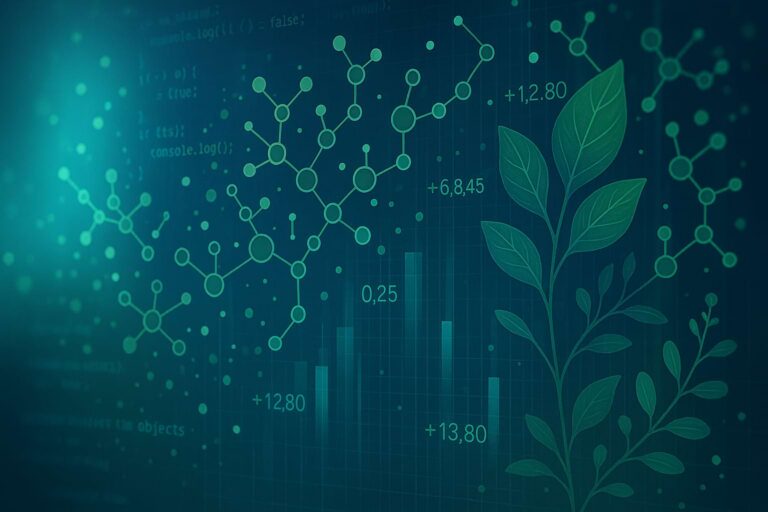 Illustration numérique représentant la convergence entre nature et données, avec des feuilles stylisées, des molécules et des graphiques sur fond bleu technologique.