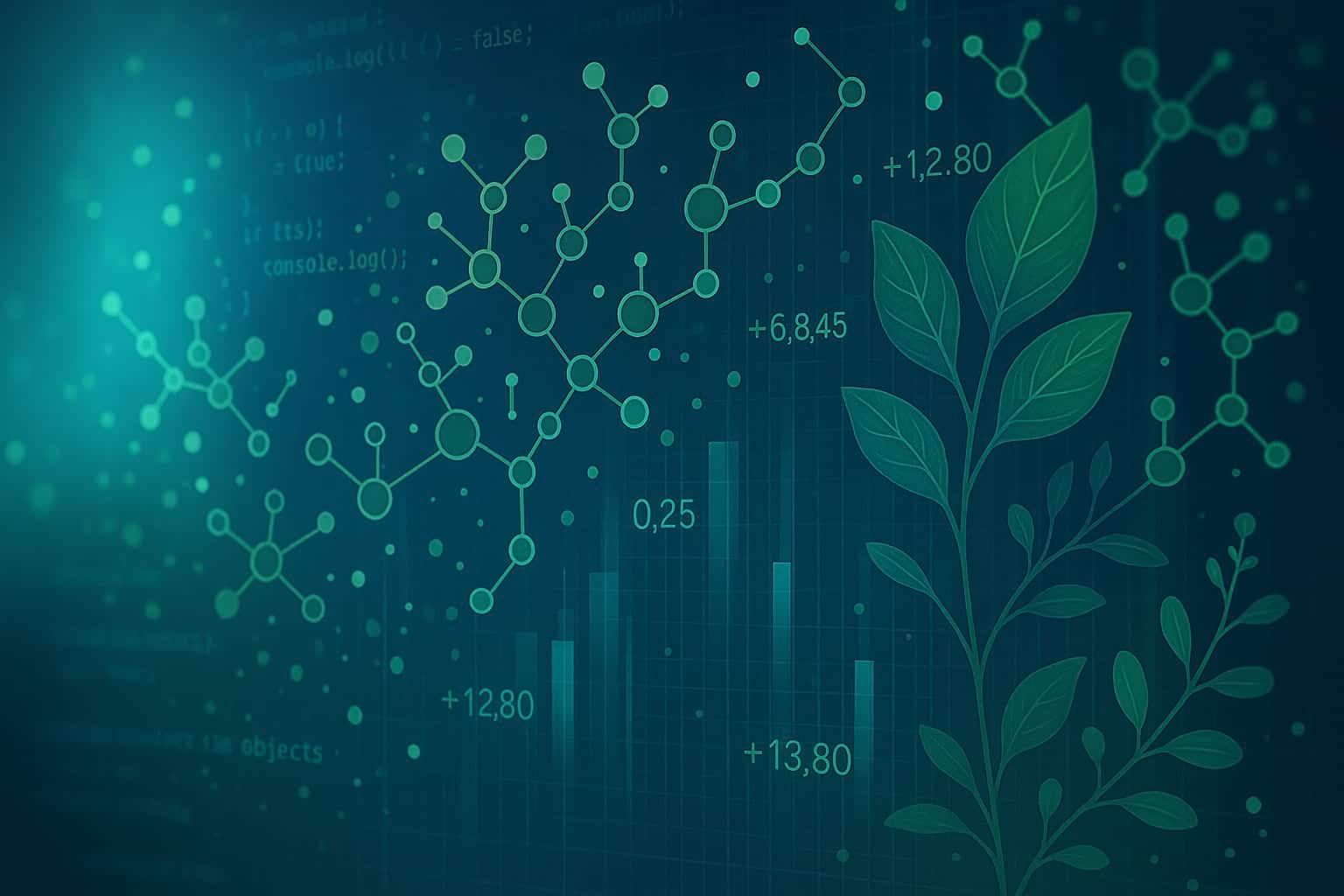 Illustration numérique représentant la convergence entre nature et données, avec des feuilles stylisées, des molécules et des graphiques sur fond bleu technologique.