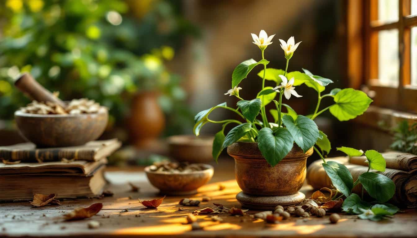 Plante de Bacopa monnieri en pot, entourée d’éléments ayurvédiques traditionnels, éclairée par la lumière naturelle d'une fenêtre.