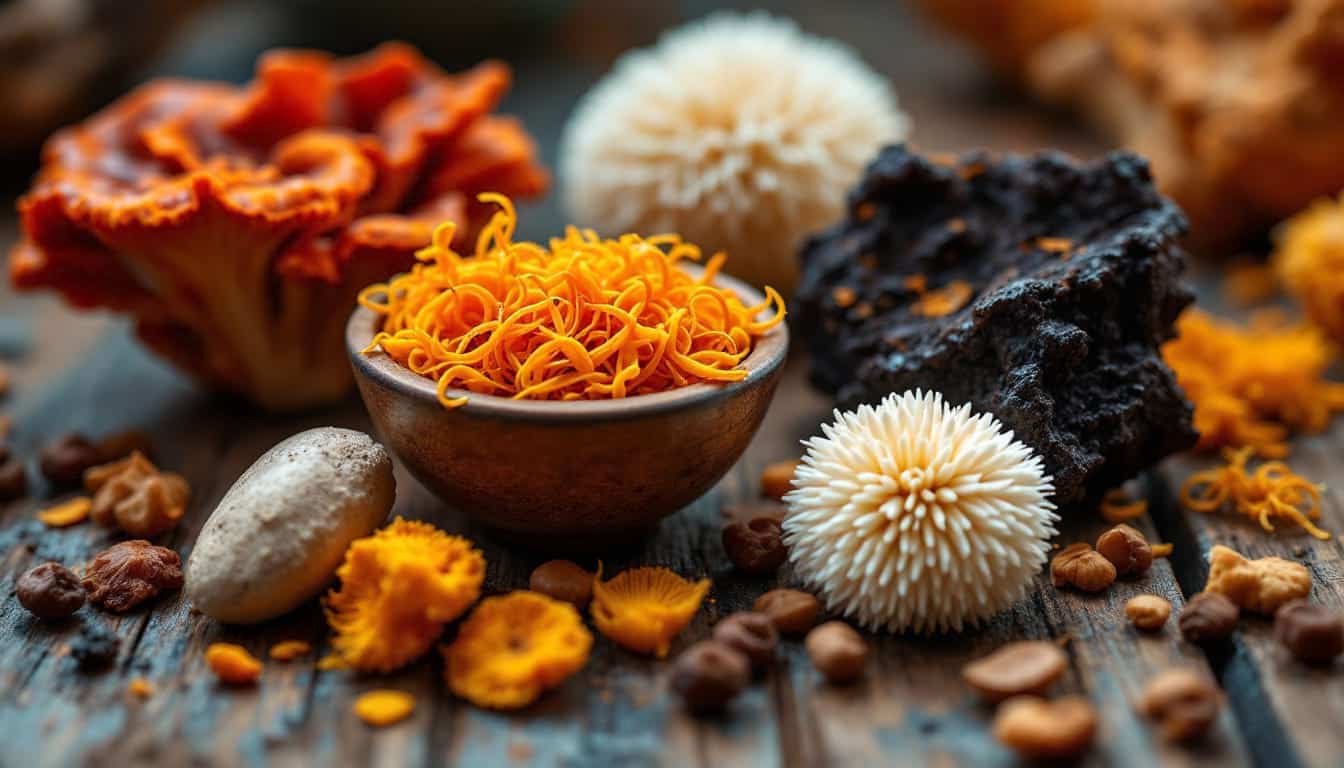 Assortiment de champignons adaptogènes naturels sur une table en bois : cordyceps, lion’s mane, chaga et autres variétés disposés dans un style rustique