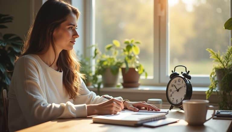 Femme concentrée à son bureau en lumière matinale, écrivant dans un carnet près d’une horloge indiquant 9h.