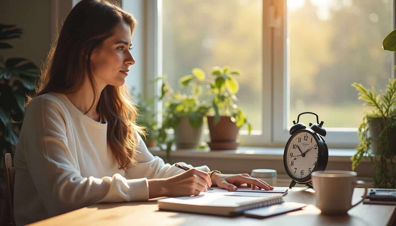 Femme concentrée à son bureau en lumière matinale, écrivant dans un carnet près d’une horloge indiquant 9h.