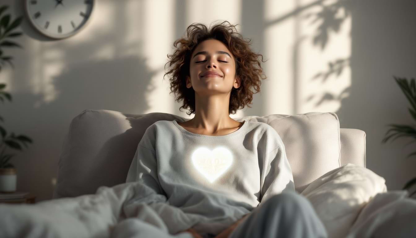 Femme assise en tailleur dans un salon lumineux, les yeux fermés et un cœur lumineux visible sur sa poitrine, symbolisant l’harmonie intérieure et la cohérence cardiaque