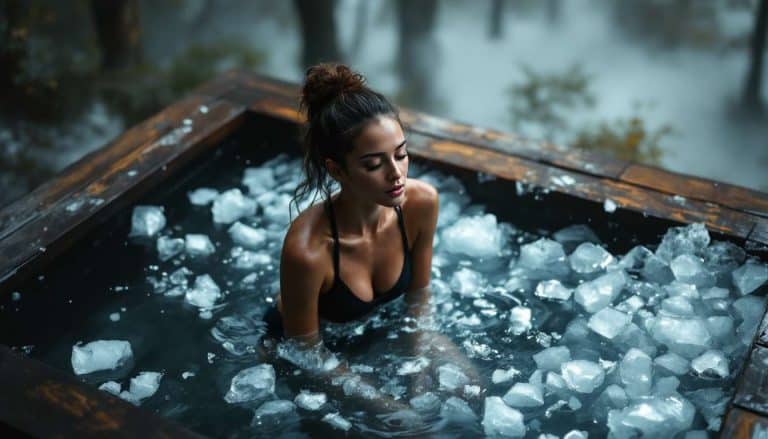 Femme dans un bain glacé en plein air, yeux fermés, entourée de morceaux de glace