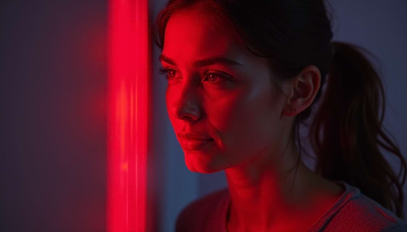 Lumiere rouge femme Femme exposée à une lumière rouge intense émise par un panneau lumineux, regard concentré et visage partiellement éclairé dans un environnement tamisé.