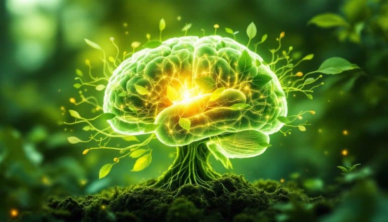 Cerveau vert lumineux, fusionné avec des feuilles et des racines, illustrant les nootropiques naturels.