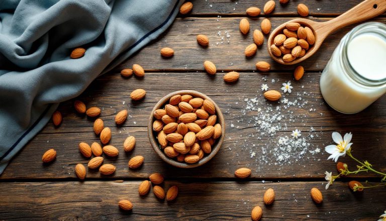 Amandes crues dans un bol avec du lait d’amande et des fleurs sur une table en bois