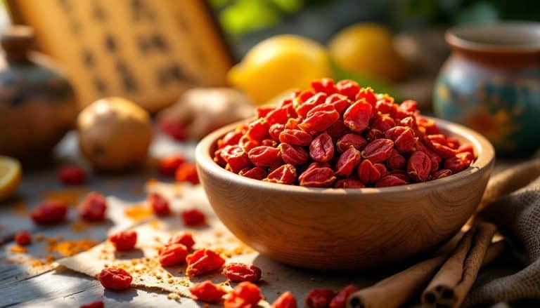 Gros plan sur des baies de goji bio dans un bol en bois avec citron, curcuma et cannelle en arrière-plan.