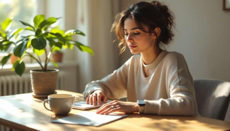Personne concentrée à son bureau, entourée d’outils de suivi santé naturels et technologiques.