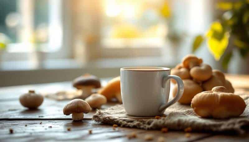 Tasse de café aux champignons posée sur une table en bois avec champignons adaptogènes autour