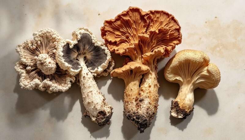 Quatre champignons adaptogènes présentés de manière naturelle sur fond neutre