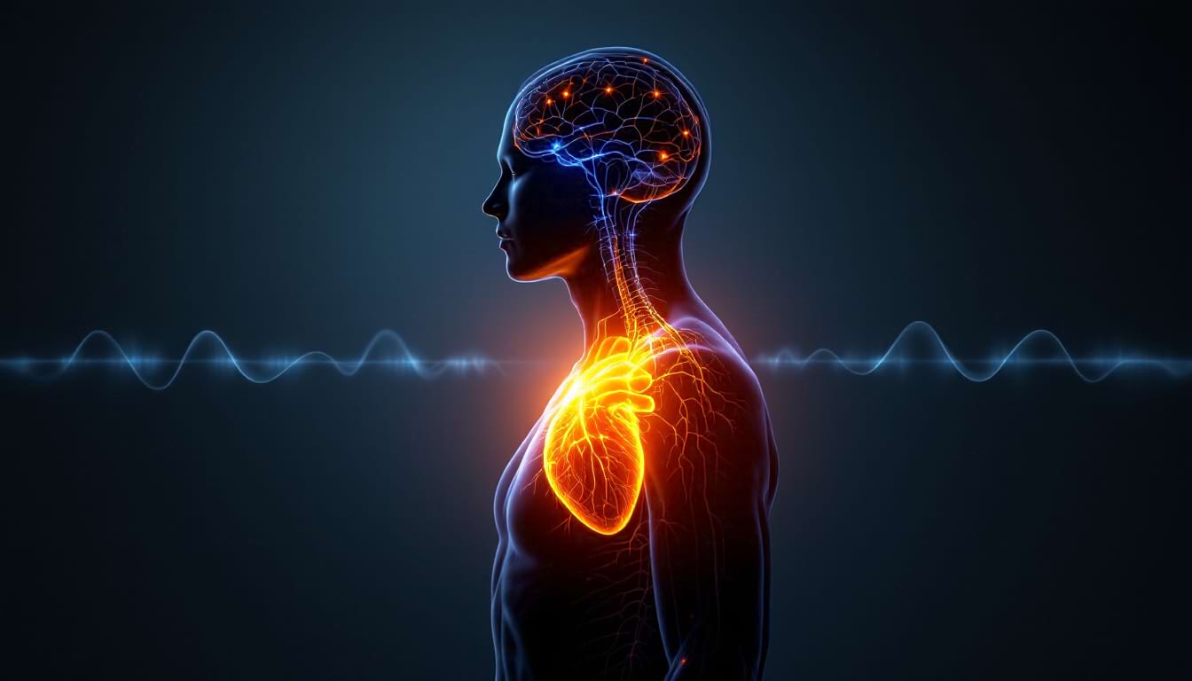 Illustration anatomique stylisée montrant la connexion entre le cœur et le cerveau via le système nerveux, avec des signaux lumineux et une onde respiratoire en arrière-plan