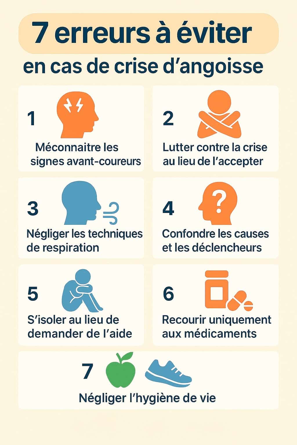 Infographie listant les 7 erreurs les plus fréquentes en cas de crise d’angoisse